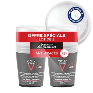 Vichy Homme, Déodorant Anti-Transpirant Contrôle Extrême 72H, Roll-on, Anti-Traces & Sans Alcool, Hypoallergénique, Adapté aux Peaux Sensibles, Lot de 2 x 50ml