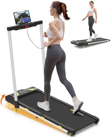 Tapis de Course FreepiFitness 4 en 1 Tapis de Marche avec Inclinaison 12km/h Sportive à Domicile Pliable Salle de Marcher Jaune LED