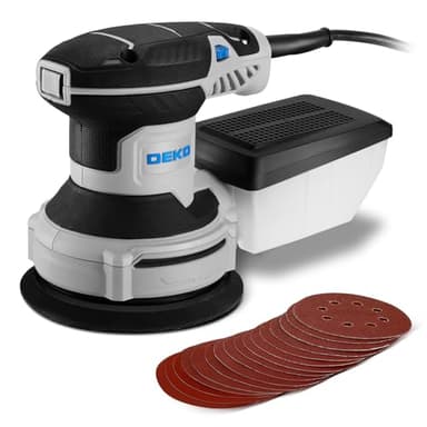 DEKOPRO 300W Ponceuse Orbitale Excentrique, 6 Vitesses, 14000RPM, Papier Abrasif 16 Pièces, Patin de Ponçage 125mm, Collecteur de Poussière, pour Surfaces en Bois et Acier,Bleu-gris