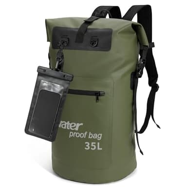 WELDUN Sac étanche 35L/50L Sac à Dos Sec, Sac à roulettes avec étui pour téléphone IPX8, pour Le Bateau, Le Kayak, la randonnée, Le Camping, la pêche, Le Rafting, 35L Vert