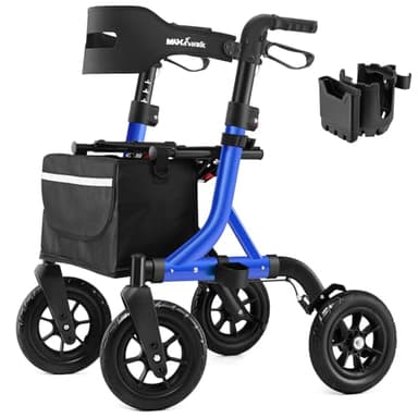 MAXWALK Déambulateur pour personnes âgées, déambulateur avec siège, grandes roues en caoutchouc de 25,4 cm, déambulateur tout terrain avec dossier, câble intégré, porte-gobelet, pliable et réglage de