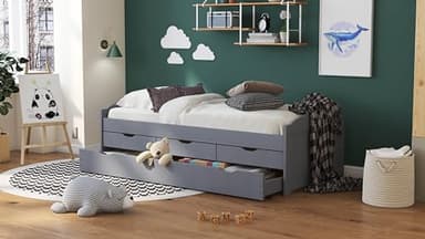 Inter Link - Lit Gigogne avec Rangements - Banquette 2 Couchages 90 x 200 cm - 3 Tiroirs - Bois Massif - Avec Sommier, Sans Matelas - Gris - Lena