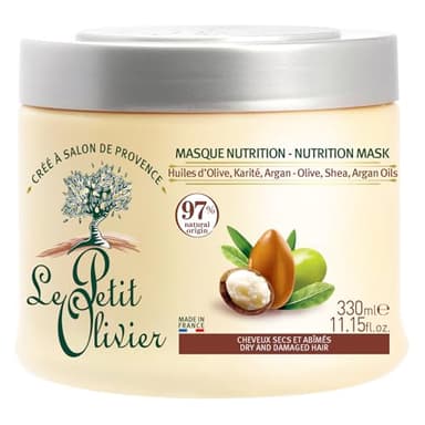 LE PETIT OLIVIER - Masque Soin Nutrition - Huiles D'Olive, Karité, Argan - Démêle, Nourrit & Répare - Cheveux Secs et Abîmés - Sans Silicone - Fabriqué en France - 330 ml