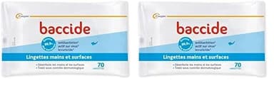BACCIDE - Lingettes - Désinfectent les mains et les surfaces - Eliminent 99,9% des bactéries - Sachet 70 lingettes (Lot de 2)