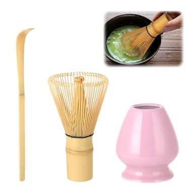 Kievano Ensemble de 3 accessoires à matcha rose avec fouet en bambou à 80 dents, cuillère en bambou et porte-balai à matcha, coffret cadeau pour cérémonie du thé