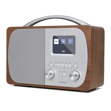 LEMEGA DR5 Radio Dab+ Portable,Radio Numérique Dab avec Poignée,Bluetooth 5.3,Radio FM de Cuisine,Horloge Double Alarme,Minuterie Sommeil,Grand écran Couleur 2,4",40 Stations Préréglées, Noyer