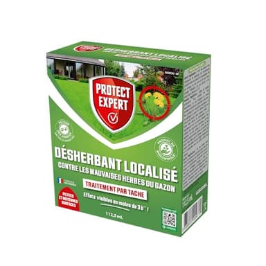 PROTECT EXPERT Désherbant Concentré Localisé Contre Les Mauvaises Herbes Du Gazon - 112,5ml - Soit 50 m² - Non Sélectif - Bidon Doseur DG100