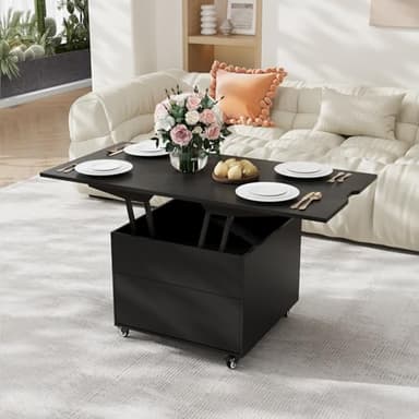 VOWNER Table Basse Relevable, Table de Salon Multifonctionnelle 3 en 1, Extensible en à Manger de Salon, Plateau Relevable, 120 L x 66,5 W x 60 H cm, Économisez de l'espace (Noir)