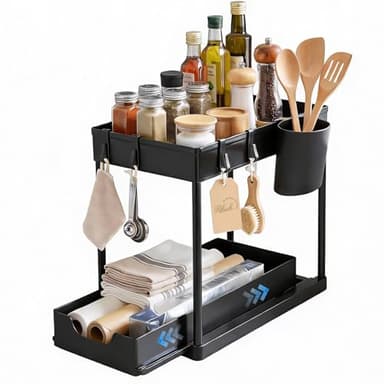 Ribech Lot de 1 Organisateur Sous Évier, 2 Niveaux avec Tiroirs, Rangement Coulissant pour Cuisine, Salle de Bains, Buanderie - Économiseur d'Espace