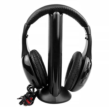 JTWEB Casque TV sans fil 5 en 1 avec émetteur RF 2,4 G - Casque confortable avec adaptateur en Y - Mode vocal - Radio FM - Surveillance de chat sur le Web - Pour regarder la télévision sur ordinateur,