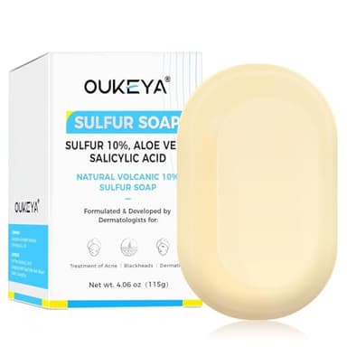 OUKEYA 10% Savon Au Soufre, Savon Lait De Chevre, Cide Salicylique, Huile d'Arbre à Thé, Aloe Vera, Apaisant, Réparation de la Barrière Cutanée, 115g