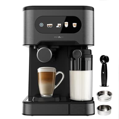 Cecotec Machine à Café Expresso Power Espresso 20 ColdBrew Latte +. 1350W, 20 Bars, Écran Tactile Couleur, Réservoir d'Eau 1,5L, 500ml de Lait, Acier Foncé, Chauffe-tasses, Double Bras, Démontable