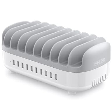 NTONPOWER Station de Charge avec commutateur, Chargeur Intelligent USB avec 10 connexions 120W, Support de Charge pour Smartphones Tablettes, Fil Chargeurs de Bureau, Gris