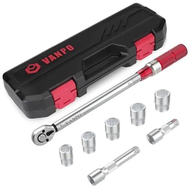 VANPO 1/2" Clé Dynamométrique, Torsion 20-220 Nm, Précision ± 3% Cliquet, 8 Pièces Kit D'entretien pour Autos Camion Motos avec 2 Extensions de 7,5 cm et 12,5 cm, 5 Douilles