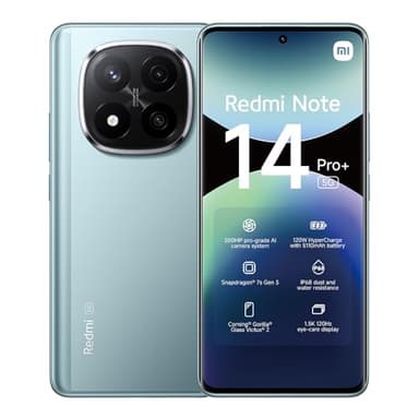XIAOMI Smartphone Redmi Note 14 Pro+ 5G, 12+512 GB, Bleu, Appareil Photo IA Pro-Grade 200MP, IP68, 120W HyperCharge, fonctionnalités IA (Pas de Chargeur Inclus)(Version Française + 2 Ans de Garantie)