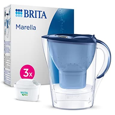 BRITA Carafe Filtrante Marella Bleue (2,4l) incl 3 cartouches filtrantes eau robinet MAXTRA PRO All-in-1 réduit PFAS, calcaire, chlore, certaines impuretés et métaux indicateur temporel, éco-emballage