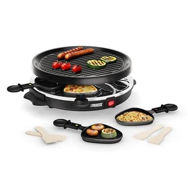 Princess Raclette 6 Grill Party, Pour 2 à 6 Personnes, Plaque en Pierre Ronde Ø30 cm, Chaleur Uniforme, Poêlons Lavables au Lave-Vaisselle, Idéale pour le Camping et la Maison, 01.162725.01.001