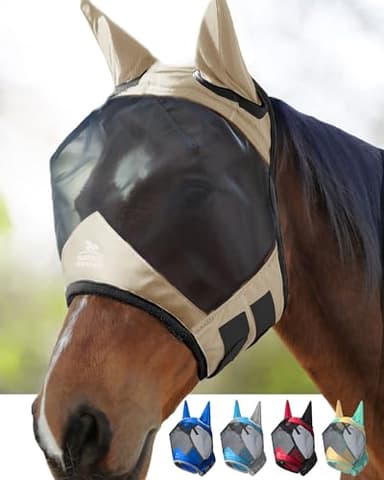 Harrison Howard CareMaster Pro Masque Anti-Mouches pour Cheval Lumineux avec Oreilles de Protection UV pour Chevaux Champagne Clair