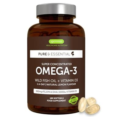 Igennus - Huile de Poisson Sauvage Oméga-3 Ultra Pure & D3 1000 UI, Certifié IFOS, 1 par jour, 180 gélules, Acides Gras 660mg EPA & DHA, Triglycérides rTG à Action Rapide, sans OGM