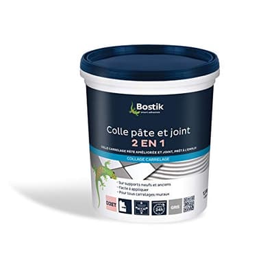 Bostik Colle Pâte et Joint 2 en 1 – Colle Carrelage Mural Améliorée et Joint de Carrelage Prêt à l’Emploi – Idéale pour Cuisine et Salle de Bain – Gris – Seau de 1,5 kg