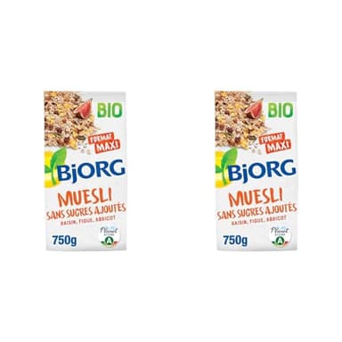 BJORG - Muesli Bio Sans Sucres Ajoutés - Raisin, Figue, Abricot - Aux Céréales Complètes - Sachet 750 g (Lot de 2)