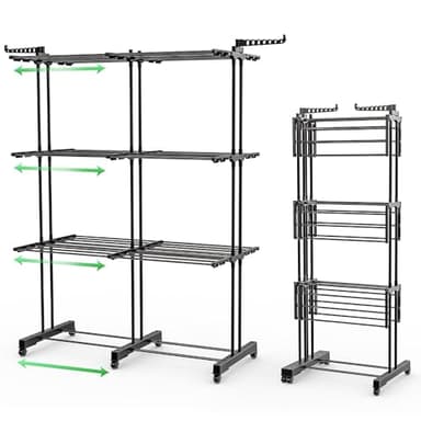 VOUNOT® Séchoir à Linge Extensible Grande Capacité Tour de Séchage 3 Niveaux Pliable 40m d’Étendage Étendoir Vertical Multifonction pour Intérieur et Extérieur Noir