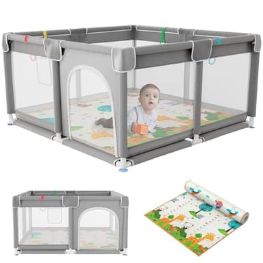 JUPPLIES Parc Bébé Sécurisé avec Tapis 120×120 cm – Aire de Jeu Carrée pour Enfant 6–24 mois, Filet Respirant 360°, Structure Stable Antidérapante, 2 Poignées Incluses