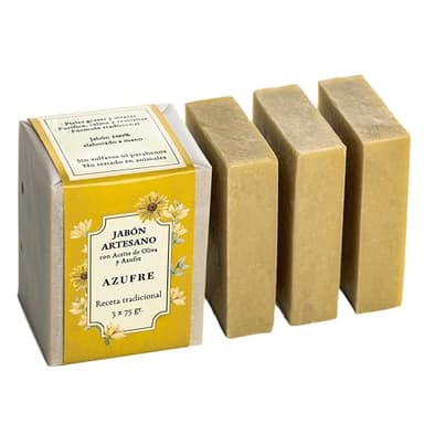 CABRERIZO SOAP SAVON AU SOUFRE – 3 Savons Artisanal à l’Huile d’Olive 3 x 75 g, SAVON SOUFRE – Savon Naturel Visage Acné, les Points Noirs et la Dermatite – Nettoyant Purifiant Peau Grasse