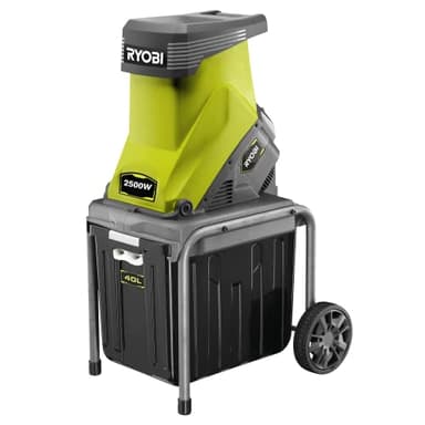 RYOBI - Broyeur de Végétaux à Fil 220V, 2500W à Roulettes - Ø Max de Branche 45mm - Couteaux Réversibles - Protection Surcharge - Débit 120kg/h - Bac Récupération 40L, Poussoir - RSH2545B