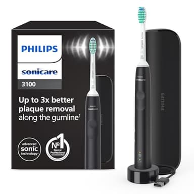 Philips Sonicare 3100, Brosse à dents électrique sonique, capteur de pression et minuterie, étui de voyage, noir, modèle HX3673/14