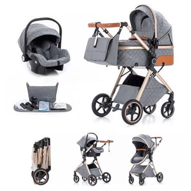 Kakbgee Trio Poussette 3 en 1 avec Siège Auto, Landau Bébé Pliable, 7 Positions Poignée, Suspension 4 Roues, Housse Pluie, Moustiquaire, Système de Voyage pour Nouveau-Nés 0-3 Ans (15kg), Gris clair