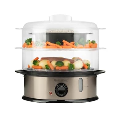 BLACK+DECKER BXST800E - Cuiseur Vapeur 800W | Capacité 6,5L (6-7 Portions) | Réservoir Eau 1L avec Indicateur | 2 Plateaux Empilables + Bol à Riz | Minuterie 60 min | Sans BPA | Lavable Lave-Vaisselle