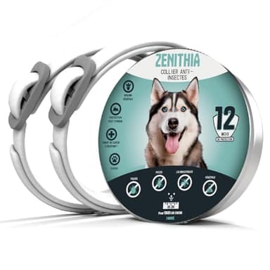 ZENITHIA Collier Anti Puces pour Chien - Collier Anti Puce Chien - Anti Tiques Haute Qualité - 12 Mois de Protection - 65cm Réglable Toutes Tailles - 100% Naturel - Imperméable déperlant (2 Unités)