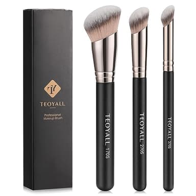 TEOYALL Lot de 3 pinceaux Kabuki synthétiques inclinés pour estomper le contour du fond de teint, le polissage avec liquide, crème et poudre cosmétique