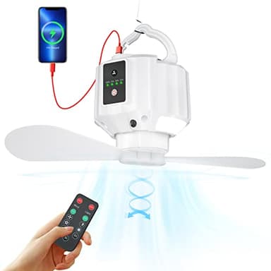 Wastou Ventilateur de camping avec lanterne LED, ventilateur rechargeable pour les tentes, télécommande, crochets, pales détachables, minuterie, pour le pique-nique, les tentes, l'urgence (X15-White)