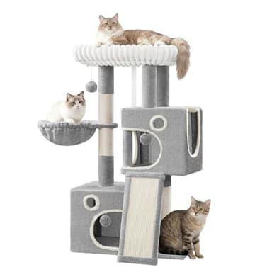 Hzuaneri Arbre a Chat, Petit Arbre à Chat de 98 cm, Spacieux et Stable, avec Grande Plateforme Souple, Pompons, Panier, Griffoir et Planche à Gratter, Gris Clair MS10118LG