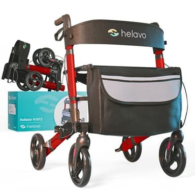 Helavo déambulateur 4 roues pliable léger pour adulte – rollator aluminium avec siège et dossier confort, freins sûrs, panier, hauteur réglable – senior aide autonomie