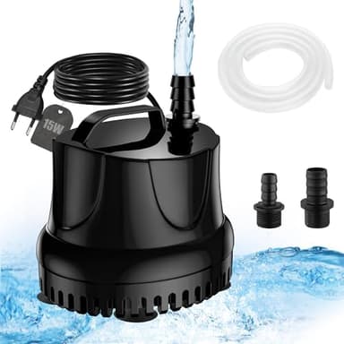 Lnicez Pompe a Eau 15W 800L/H Pompe Aquarium Ultra Silencieuse Pompe Bassin avec 1.5m Câble, Tuyau de 1m, 2 Buses Pompe à Eau Submersible pour Fontaines,Jardins,Baignoires, étangs
