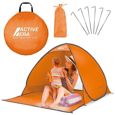 Active Era Tente de Plage Pop Up Déployable, Protection Solaire UV UPF 50+, Abri de Plage Anti UV 2-3 Personnes, avec Sac de Transport et Piquets - Orange