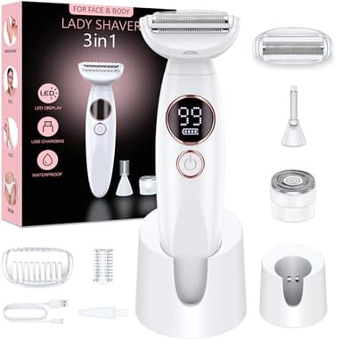 Rasoir Electrique Femme,3-In-1 Tondeuse Femme Intime,Epilateur Visage Femme avec Affichage LED de Batterie,Sec et Humide IPX7,pour Bikini,Aisselles,Jambes,Nez,Autonomie 120 min,Station de Charge USB C
