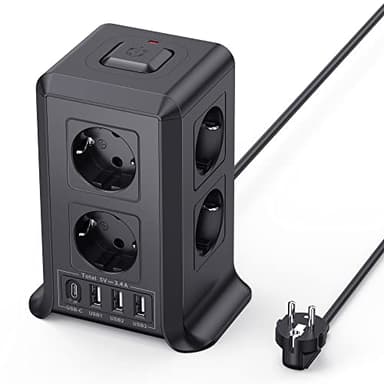 Multiprise avec Interrupteur, Tour Multiprise 8 Prises et 4 USB（3 USB-A&1 USB-C Max 5V/3.4A,Parafoudre et Surtension, 2M Câble à la Maison et au Bureau