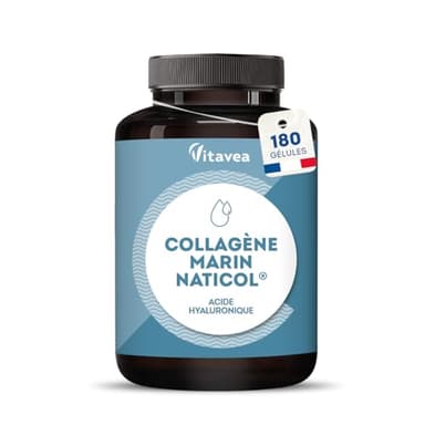 Collagène Marin Naticol® 800 mg + Acide Hyaluronique & Vitamine C - Peau, Os & Cartilages - Collagène Breveté Haute Qualité - 180 Gélules (Cure 2 Mois) - Sans Gluten - Fabriqué en France - Vitavea