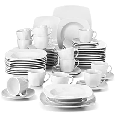 MALACASA, Série JULIA, 60pcs Service de Table Complets Porcelaine, 12 Assiettes Plates, 12 Assiettes Creuse à Soupe, 12 Assiettes à Dessert, 12 Tasses, 12 Soucoupes, Vaisselles pour 12 Personnes
