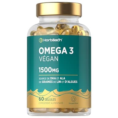 Omega 3 Vegan DHA ALA 1500mg | Huile d'Algues | Haute Concentration | 60 Gélules Vegan | Horbaach