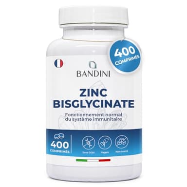 Bandini® Zinc Bisglycinate 400 Comprimés Végétaliens (13 mois) - Zinc pur Antioxydant Haute biodisponibilité - Pour Peau, Cheveux, Ongles, Vue et Système Immunitaire - Haute Absorption, Vegan Sans OGM
