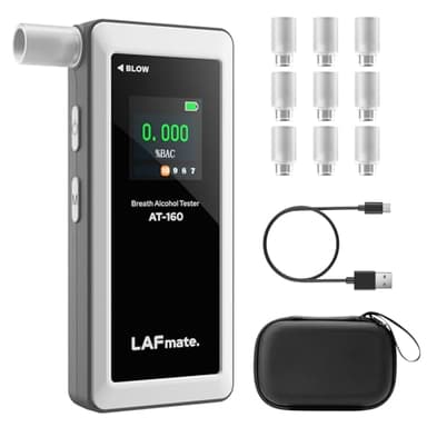LAFMATE Éthylotest AT-160, Testeur d'alcool Haute Précision avec Seuil d'Alarme Réglable, Écran LCD, Mémoire de Tests, Livré avec 10 Embouts – Parfait pour Un Usage Domestique