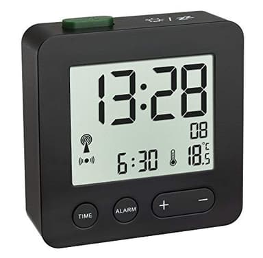 TFA Dostmann Réveil numérique, 60.2545.01, réveil radio pilotée, avec fuseaux horaires réglables, réveil matin avec température, noir