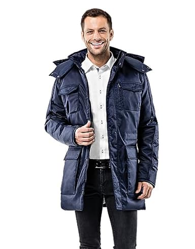 Vincenzo Boretti Manteau- veste d'hiver homme, design de long-parka élegant-casual, imperméable, capuche détachable et grandes poches doublées douces, chaud par temps froid bleu foncé S