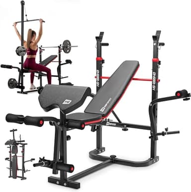 Hop-Sport Banc de Musculation Pliable Inclinable HS-1065 avec Poulie Haute, Banc d'entraînement Complet avec Support d'haltères et Presse à Jambes, Multifonction pour le Développé Couché avec Papillon
