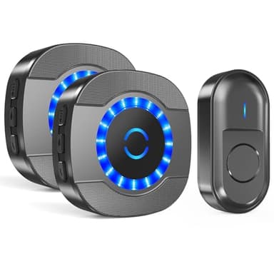 SURFOU Sonnette sans Fil Exterieur Étanche 300 Mètres Sonnette Electronique, Kit de Carillon avec 2 Récepteurs Enfichables pour la Maison, 5 Niveaux Volumes, LED Bleu, 55 Mélodies, Noir